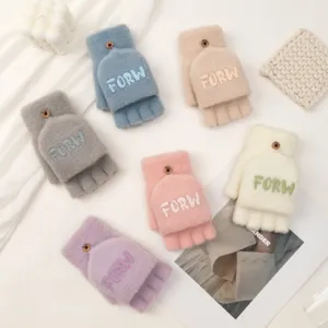 Women Winter Warm Gloves Nylon Touch Screen Convertible Flip Cover Half Finger Gloves Cycling Outdoor Sports Knit Gloves