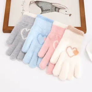 Winter warm knitted gloves for adults, fleece-lined thick cute heart pattern cold-weather gear.