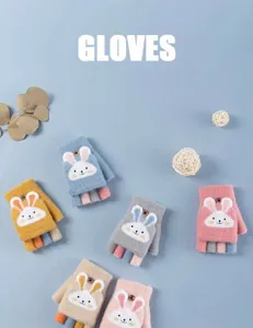 Gants rabattables d'hiver pour enfants en tricot chaud motif lapin demi-doigt gants mignons