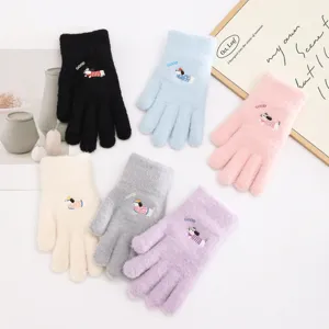 Women Cute Puppy Embroidered Warm Knit Gloves Winter Windproof Soft Touch Thermal Gloves Female Mittens