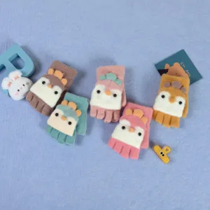 Children Winter Warm Fleece Lined Half Finger Flip Cover Gloves Cute Cartoon Animal Knit Mittens
