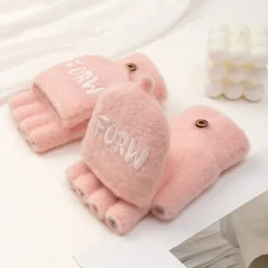 Pink plush convertible half-finger gloves detail view, winter warm typing gloves for women.
