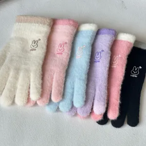 Winter plush knit gloves for women, warm fleece-lined cute rabbit embroidery mittens.