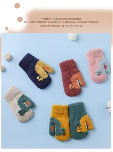Cute kids winter warm mittens with lovely cartoon alligator design, thick plush lining for toddlers.