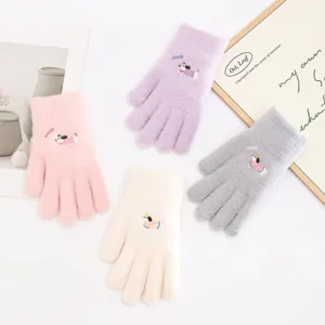 Cute knitted winter gloves with puppy embroidery, soft warm cozy thermal wear for women.
