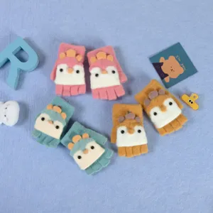 Cute children winter warm flip half finger gloves cartoon animal knit gloves for kids