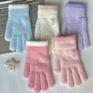 Women's autumn winter thick warm knit gloves cute rabbit embroidered soft fleece gloves