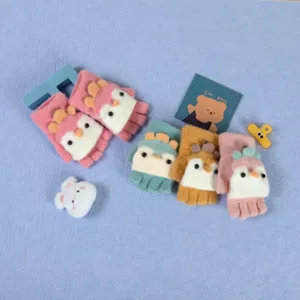 Children winter half finger gloves cute cartoon flip warm gloves for boys and girls kids 3-6y