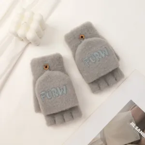 Grey knit convertible half finger gloves, winter warm fleece lined mittens for women text.