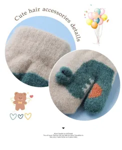 Detail view of cute cartoon alligator kids winter gloves, thick plush warm children mittens 1-4y.