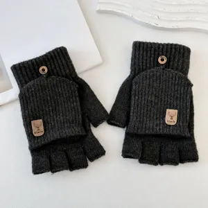 Dark grey half finger knit gloves with flip top cover, warm typing touch screen gloves.