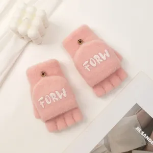 Pink knit fingerless flip-cover gloves for women, stylish winter warm writing gloves.