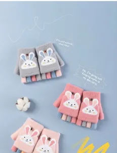 Gants d'hiver pour enfants, demi-doigts, broderie de lapin mignon, douce matière tricotée.