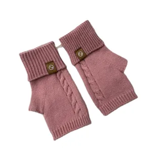 Women winter cable knit fingerless gloves pink half finger hand warmers wrist warm.