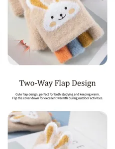 Vue détaillée des gants d'hiver chauds pour enfants avec motif de lapin mignon et rabat pratique.