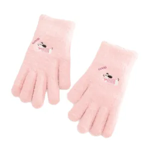 Cute pink knitted winter gloves for women, warm fleece-lined windproof cold weather hand wear.
