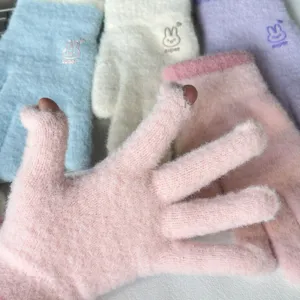 Women's cute plush winter warm gloves fuzzy knit half-finger touchscreen gloves