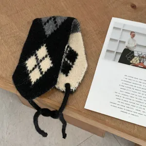 Cache-oreilles en tricot argyle style coréen avec liens, bandeau thermique chaud d'hiver.