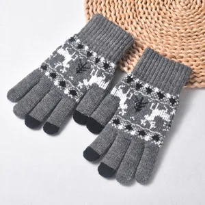Men's winter knit touchscreen gloves with Christmas deer pattern, warm and windproof.