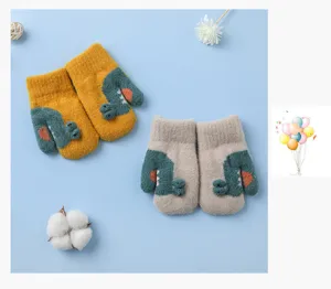 Toddler winter warm knit gloves cute cartoon crocodile fleece-lined thick baby mittens for 1-4 years