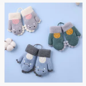 Kids winter warm knitted dinosaur mittens, thick cute cartoon anti-lost gloves with hanging string.