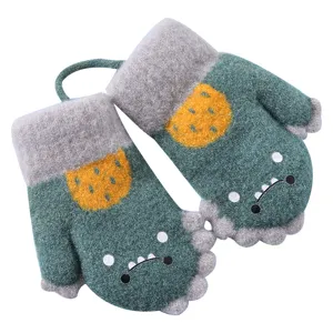 Kids winter warm cartoon dinosaur knit mittens with hanging neck strap for cold weather