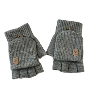 Knitted convertible half-finger gloves for warmth, touch screen compatible winter wear for students.