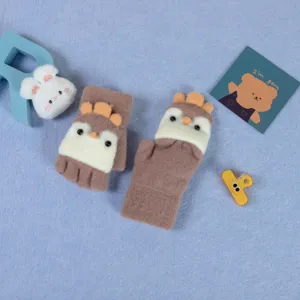 Kids winter fleece-lined warm flip-top half-finger gloves cute cartoon animal design