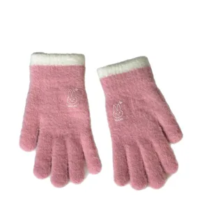 Warm winter knitted gloves for women, cute pink and white rabbit design with soft thermal lining.