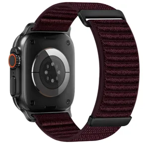 Dark purple alpine loop nylon watch band compatible with Apple Watch, detailed view showing back and clasp.