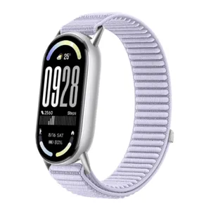 Vista ravvicinata del cinturino di ricambio in nylon intrecciato lavanda per fitness tracker.