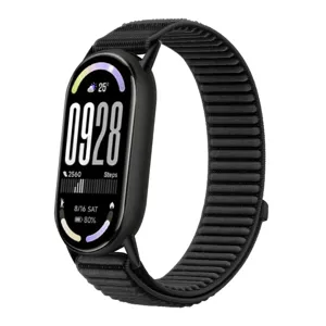 Cinturino in nylon nero compatibile con smartband, dettaglio della fettuccia strutturata.