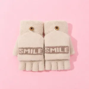 Winter women thick warm knit convertible half finger gloves with cute smile letter pattern.