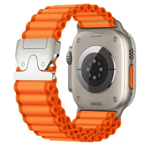 Orange nylon alpine loop watch strap featuring metal parachute buckle compatible with smart watch.