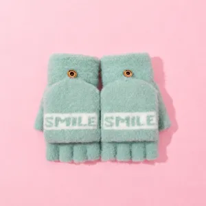 Mint green knit convertible fingerless gloves detail, cute letter pattern and wooden button.