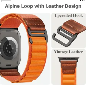 Orange Alpine loop watch band with leather design and metal hook for smart watch.