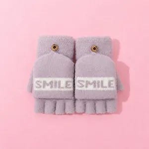 Women winter thick knit half-finger convertible gloves purple smile letter jacquard warm mittens
