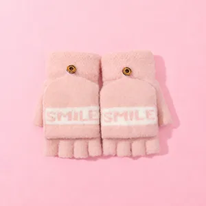Pink knit convertible fingerless gloves with smile letter, cute winter warm mittens for women.