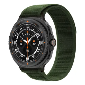 Detailed view of the durable green nylon trail loop watch band with secure metal buckle.