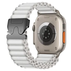 Detailed view of the white nylon alpine loop watch band with black parachute buckle for smartwatches.