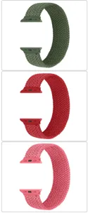 Detailed view of braided solo loop smartwatch replacement bands in green, red, and pink colors.