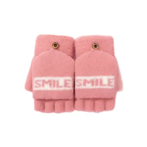 Pink knit half finger convertible winter gloves with cute smile letter jacquard design.