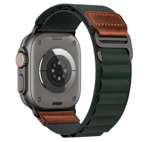Close-up detail of the retro leather and alpine nylon loop watch band compatible with Apple Watch.