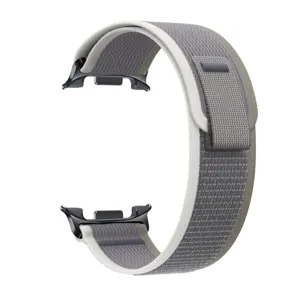 Close-up view of the woven nylon smartwatch loop band with metal hook fastener detail.
