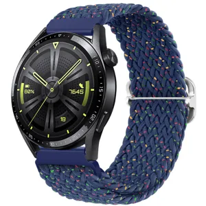 Dettaglio del cinturino per orologio in nylon intrecciato con trama blu e fibbia scorrevole in metallo.