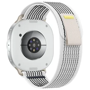 Detail view of white nylon trail loop watch strap showing breathable weave and secure fastening tab.