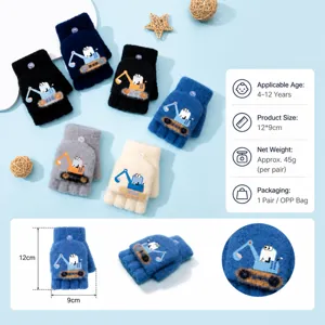 Kinder Winter Warm Strickhandschuhe Süßes Bagger Muster Halbfinger Klappdeckel Kälteschutz Wolle Handschuhe Kinder Fäustlinge