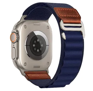 Nylon loop watch band with leather tag and metal buckle for smart watch, durable blue strap.