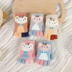Kids Knitted Half-Finger Flip Gloves Cute Cartoon Animal Warm Winter Gloves For Boys Girls Writing Mittens