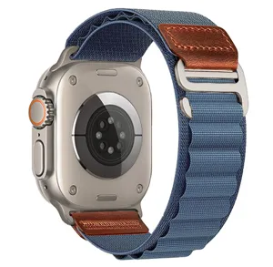 Blue nylon alpine loop watch band with brown leather patch and metal buckle for smart watch